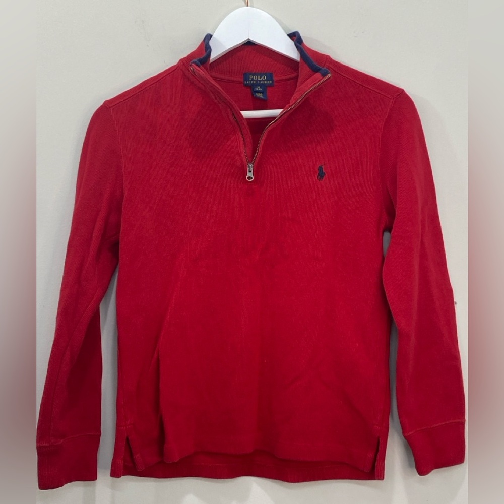 Polo Ralph Lauren Boy 100% Cotton Rib Red Quarter 1/4 Zip Pullover Medium 10-12